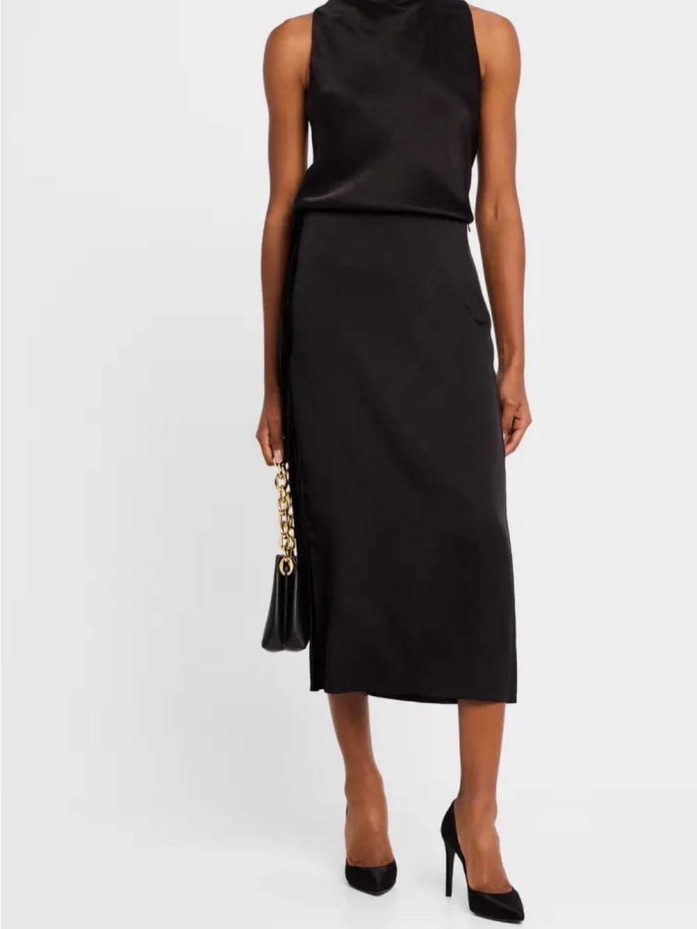 Vince Velvet Trim Side Slit Sleek Black Midi Pencil Skirt